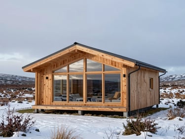 Exterior architectural photography of a sustainable timber lodge nestled in the Cairngorms, soft diffused northern daylight, snow-dusted landscape, warm timber facade, large triple-glazed windows, low horizon.