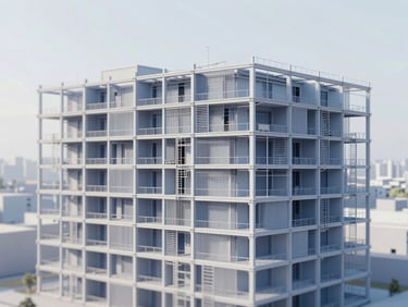 Detailed BIM model of a complex building facade, showing structural elements and MEP systems, rendered in slate blue and white, soft northern daylight