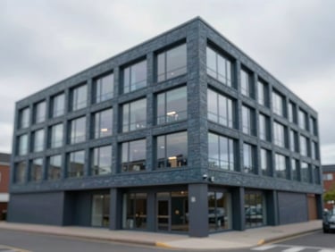 Architectural rendering of a modern commercial building in Aberdeen, showing structural integrity and spatial efficiency, overcast sky, 35mm tilt-shift lens