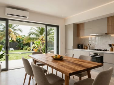 Bright townhouse interior in Kata, large wooden dining table, modern kitchen, air-conditioned workspace, neutral tones.