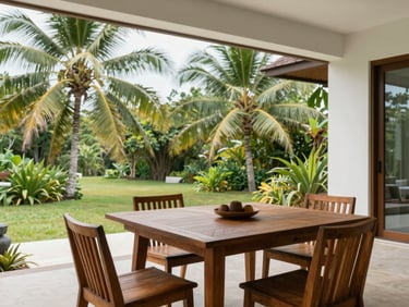 An eye-level shot of a modern tropical villa terrace in Rawai, wooden dining table, lush green garden background, soft natural daylight, 35mm lens