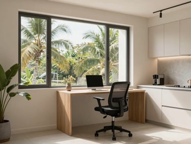 Bright studio apartment interior in Rawai, modern workspace with ergonomic chair, large window with natural light, minimalist kitchen.