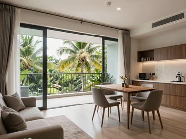 Modern one-bedroom condo in Nai Harn, spacious living room, dining table set up as a desk, balcony overlooking tropical trees.