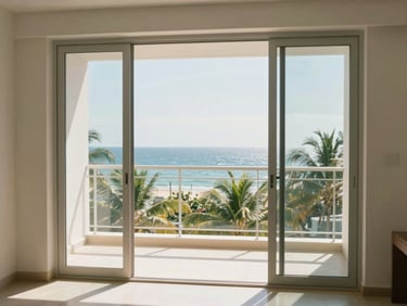 A bright studio apartment interior, open glass doors leading to a balcony with sea views in the distance, natural tropical daylight, 35mm lens