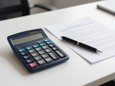 Professional tools on a modern desk, a calculator and a pen next to a report, soft office daylight, deep navy and neutral tones, sharp focus, 35mm