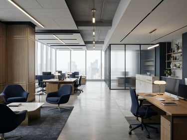 Modern corporate office interior, wide shot, clean architectural lines, subtle gold accents, soft natural light, deep navy and neutral tones, sharp focus, no people