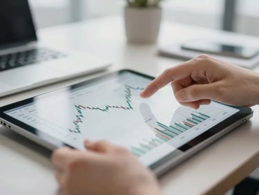 Close-up of hands analyzing a detailed financial chart on a tablet, soft office daylight, deep navy and neutral tones, sharp focus, 35mm