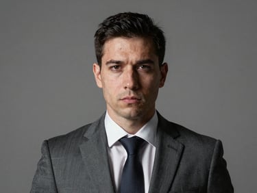 Formal portrait of a professional in an institutional setting, neutral background, focused and serious expression, high contrast lighting.