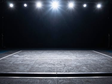 empty weightlifting competition platform with bright lights, wide shot, high contrast cool tones, focused overhead spotlighting.