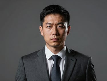 Formal portrait of a professional in an institutional setting, neutral background, focused and serious expression, high contrast lighting.