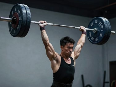 Dramatic shot of a weightlifter in the catch position of a clean and jerk, barbell overhead, intense focus, high contrast cool tones, 35mm lens.