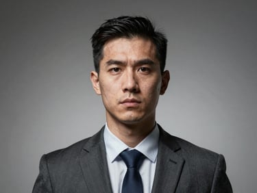 Formal portrait of a professional in an institutional setting, neutral background, focused and serious expression, high contrast lighting.