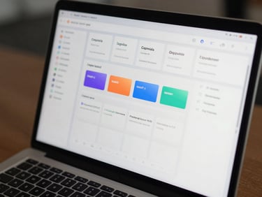 Tight crop of a cloud-native SaaS product interface, data tables and dashboard widgets on screen, cool north-facing office light, keyboard edge visible at bottom