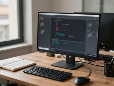 Medium shot of a developer's desk in a Quito workspace — code editor open on a wide monitor, notebook with hand-drawn wireframes beside keyboard, natural daylight from the left