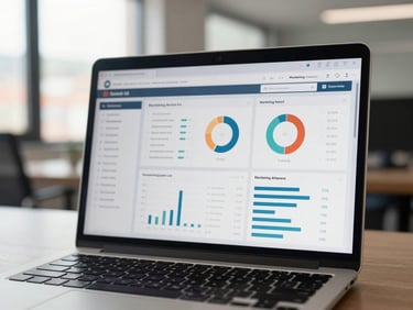 Wide shot of a marketing analytics dashboard on a laptop screen, campaign metrics and charts visible, natural window light, Quito office environment softly out of focus