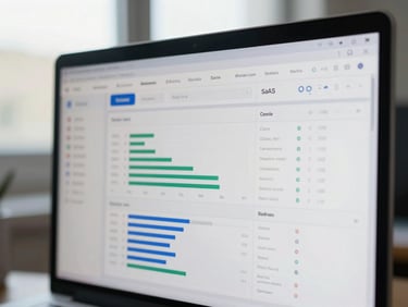 Close-up of a SaaS dashboard interface on a monitor screen — data charts and table rows in sharp focus, natural daylight from a window reflected on the glass, real product UI visible