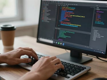 Developer's hands typing on a keyboard with code editor visible on monitor, work-in-progress UI components on screen, diffused daylight, cables and coffee cup in background