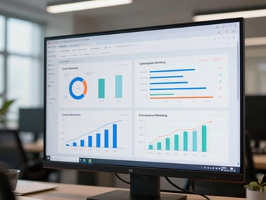 Wide-angle view of a screen showing a digital marketing analytics dashboard — campaign metrics, audience graphs and conversion funnels visible, diffused office light, no posed humans