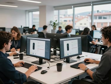Wide environmental shot of a software team working at desks in a daylit Quito office, multiple monitors showing product interfaces, natural light from large windows, relaxed working atmosphere with no posed arrangement
