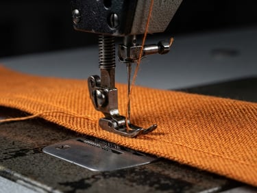Macro photography of an industrial sewing machine stitching heavy-duty orange technical fabric, crisp studio lighting, dark gray background, high contrast, 50mm