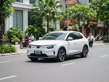A modern white car driving on a clean Vietnamese urban street in bright daylight, sharp focus, 50mm lens, green and white tones