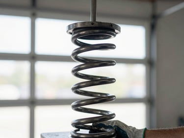 Close-up of a heavy-duty garage door torsion spring, coiled and under tension, with a technician's gloved hand nearby, bright garage interior, sharp focus, 35mm