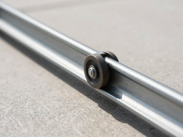 Close-up of a garage door track with a roller wheel, showing precise alignment, clean steel and charcoal tones, bright natural daylight, sharp focus, 35mm