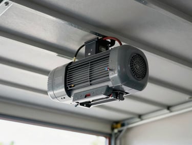 Medium shot of a garage door opener motor unit mounted on the ceiling, with wiring and a technician's tools visible, clear, well-lit garage interior, sharp focus, 35mm