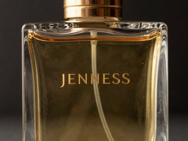 Extreme close-up of the textured glass of Jenness perfume bottle, gold liquid visible inside, dramatic dark studio lighting with gold rim light