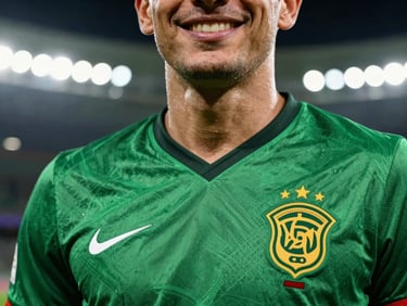 Close-up of a football fan smiling, wearing a green national team jersey under stadium lights, high-contrast, 35mm