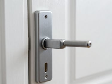 Close-up of a professional locksmith tool picking a high-quality door lock, bright daylight, cool gray tones, sharp focus