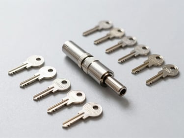 High-quality metal lock cylinder and keys laid out on a clean gray work surface, bright daylight, sharp focus