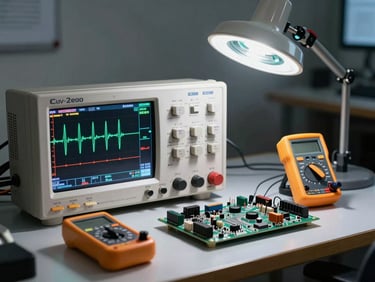 An electronics workbench with an oscilloscope showing real-time wave signals, a digital multimeter, and a clean circuit board under a magnifying lamp