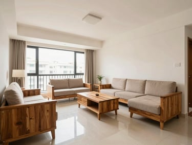 Bright architectural photography of a realistic Bangalore apartment living room, natural daylight, modern wooden furniture, clean tiled floor, wide angle, crisp focus.