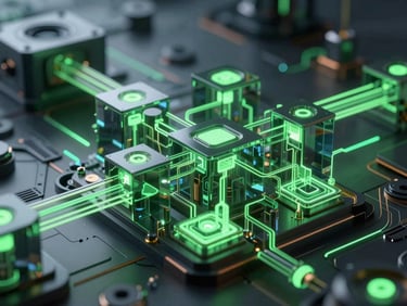 Abstract 3D geometric render of a high-performance rendering engine pipeline, glowing neon green data nodes, dark glass structures, cyber-tech aesthetic.