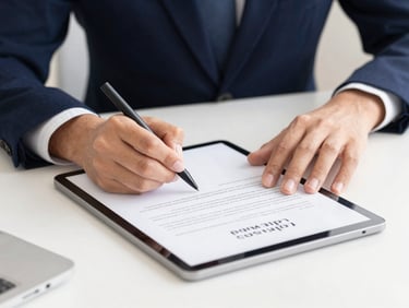 Close-up of hands signing a document on a digital tablet, clean modern workspace, bright natural light, professional navy blue tones.