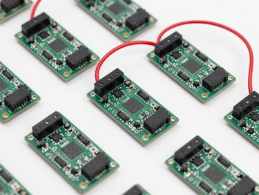 Crisp macro overhead shot of organized microcontroller development boards and red jumper wires on a white lab table, bright high-key studio lighting, 50mm