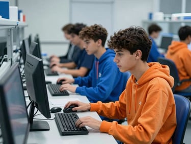 Jovens adultos em laboratório de informática com computadores modernos, focados em aprender, luz natural, estilo autêntico editorial, tons azuis e laranjas