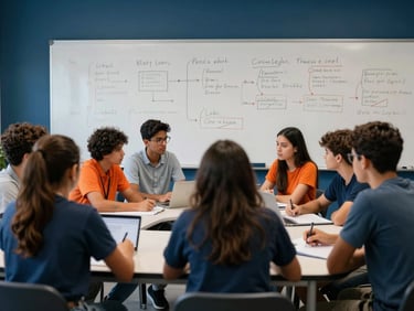 Grupo de alunos em sala de aula interativa, debatendo um projeto de negócios, com quadro branco e anotações, atmosfera colaborativa, luz natural, estilo autêntico editorial
