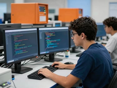 Aluno em laboratório de informática, focado na tela, com códigos ou software educacional visíveis, iluminação de tela, cores vibrantes, estilo autêntico editorial