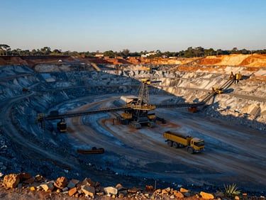 Wide panoramic of a large open-pit mine in Parauapebas, Brazil, with heavy excavators and trucks, golden hour lighting, rich blue and orange tones, sharp focus, 35mm, authentic industrial photography.