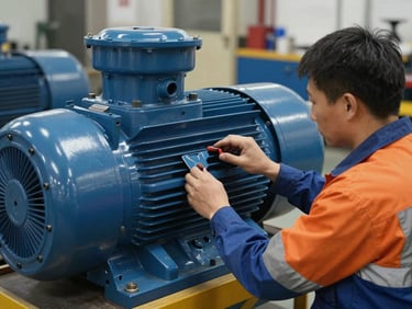 Medium shot of a technician in safety gear inspecting a large industrial motor, workshop lighting, hands-on, rich blue and orange tones, sharp focus, 35mm, authentic industrial photography.