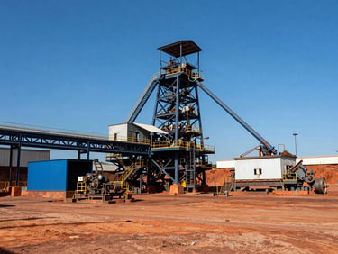 Vista panorâmica de uma mina de minério de ferro a céu aberto em Parauapebas, equipamentos pesados em operação, céu azul, estilo autêntico editorial, tons azuis e laranjas