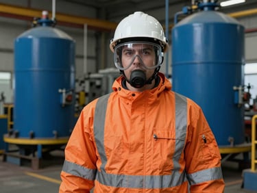 Portrait of a safety professional in full PPE (Personal Protective Equipment) on an industrial site, looking confident, natural industrial lighting, rich blue and orange tones, sharp focus, 35mm, authentic industrial photography.