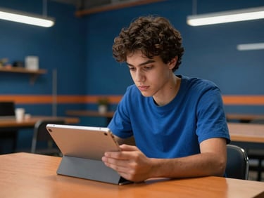 Estudante adulto em casa usando um tablet para estudar, ambiente moderno e iluminado, foco no rosto, estilo autêntico editorial, tons azuis e laranjas