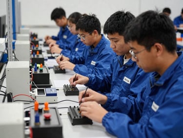 Alunos em aula prática de eletrônica ou mecânica, com ferramentas e componentes, mãos em destaque, ambiente de oficina industrial, iluminação clara, estilo autêntico editorial
