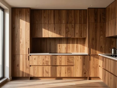 Minimalist high-end kitchen interior with custom walnut wood cabinetry and seamless joinery, clean architectural lines, daylight