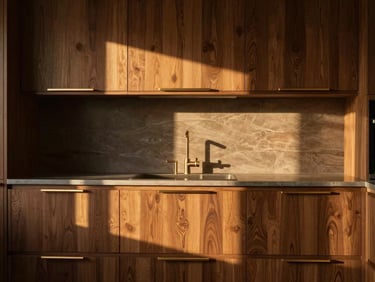 Luxury minimalist kitchen set with dark wood cabinets and gold hardware, warm ambient lighting