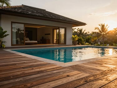 Premium outdoor wooden decking surrounding a luxury swimming pool, tropical modern villa architecture, warm sunset lighting, 35mm photography