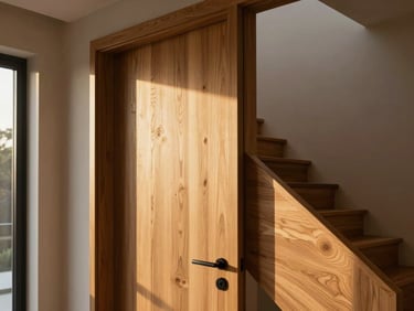 Bespoke solid wood door frame and elegant wooden staircase in a modern minimalist luxury home, warm sunlight